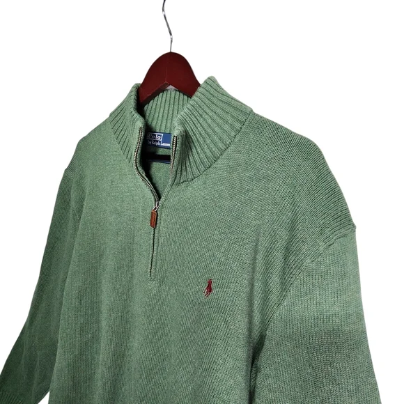 Polo Ralph Lauren Men's XXL Green 1/2 Zip Pullover Cotton Sweater Pony Logo - Picture 2 of 12